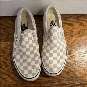 Vans checkerboard slip ons, dove gray & off white